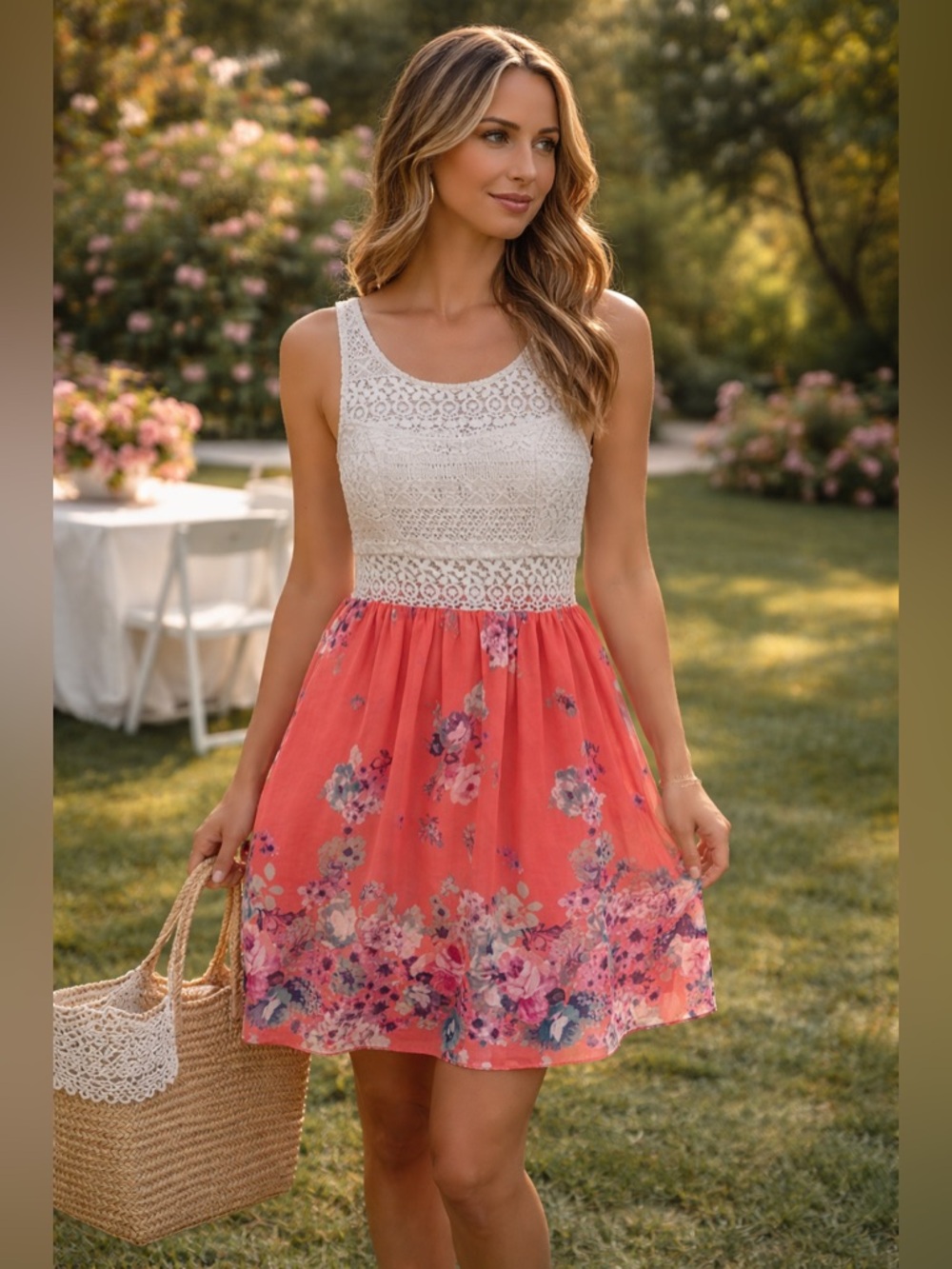 Trixxi Lace Floral Mini Dress Size 11 Cottagecore Coral Summer Sundress